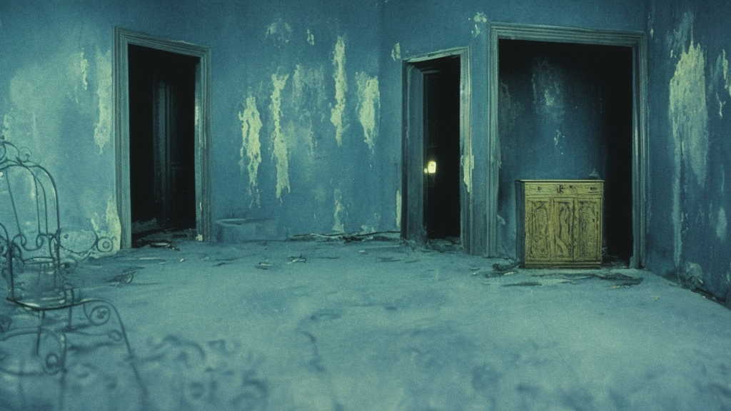 a black nightmare in a blue and gold haunted liminal abandoned room, film still by tarkovsky, limited color palette, very intricate, art nouveau, highly detailed, strong lights, liminal, eerie, bright pastel colors