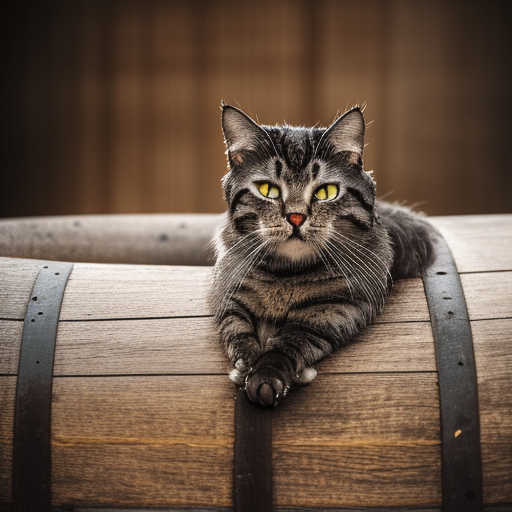 a wet cat on a barrel ultra-realistic portrait cinematic lighting 80mm lens, 8k, photography