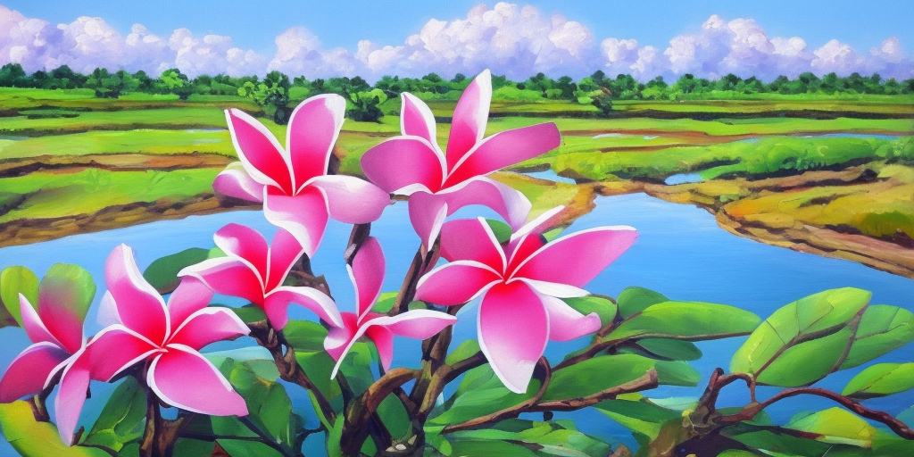 frangipani field, 
different color flowers, 
river, 
vibrant, 
oil painting, 
heavy strokes, 
paint dripping oil painting on canvas