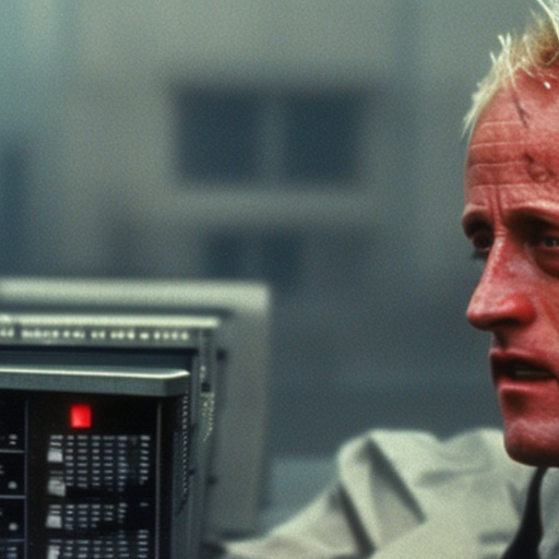 A computer terminal. In front of the terminal: Roy Batty, in the style of the "Tears in the rains" scene of "Blade Runner".