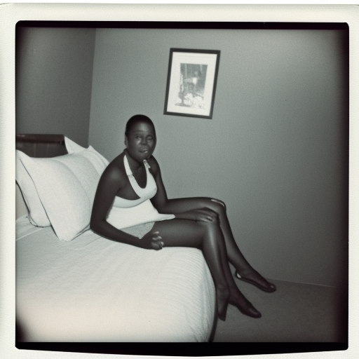 A polaroid photo of an African American woman leaning forward, sitting on a bed in a vintage motel room, style 1985