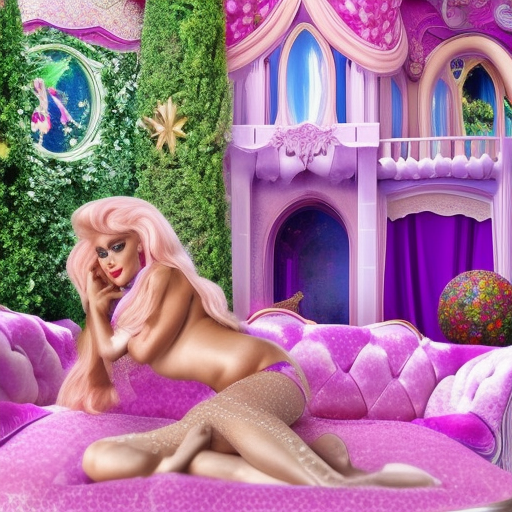 realistic, high-quality, two women, detailed, extremely massive breasted female genie has cuddle session with her mistress on purple couch with lots of pillows on top of it, sleeping beauty fairytale, dreamy aesthetic, dream aesthetic, ru paul\'s drag race, aesthetic!!!!!!, sandman kingdom, in a candy land style house, brightly lit pink room, messy maximalist interior, stunning cinematography, iconic cinematography, furnished with fairy furniture, lounging on expensive sofa