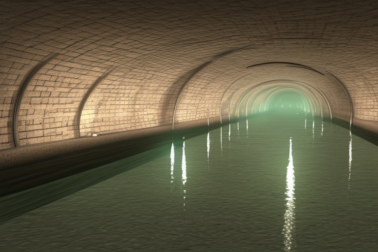 Concept design of a stylized sewers tunnel, channel flowing through the center, underground, the tunnel walls are made of bricks, interlacing paths, brass pipes on the walls, a slight green glow emanates from the water, intricate details, Artstation