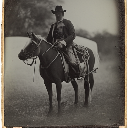 bald, albino cowboy with evil smile on horseback as Daguerrotype