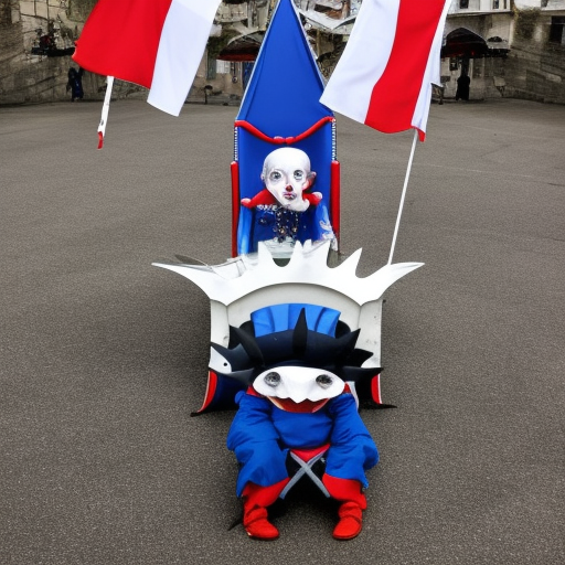 shark clown on the iron throne with spanisch and french flags