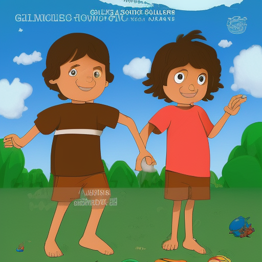 Guilherme and Giovani: The search for the lost treasure, various poses and expressions on a white background, children's book illustration style, simple, cute, ages 6 and 9, age 6 short brown hair, plain color, white short-sleeved shirt , brown shorts, age 9 short blonde hair, solid color, white short-sleeved shirt, dark green shorts: ar-16-