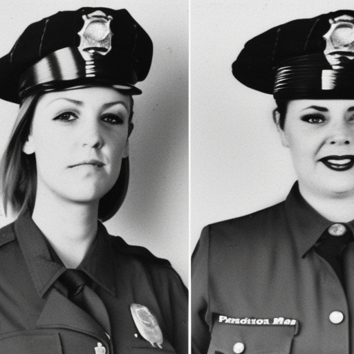 Policewomen Ariel Bellingham and Allison Pierz of the Miltona Police Department in their official police uniforms; add sleeves to uniforms; young; caucasian; angry; skinny; long totally teal hair for Allison, long blonde hair for Ariel; add official police hats; 300 dpi photography; make Ariel's badge a shield shape