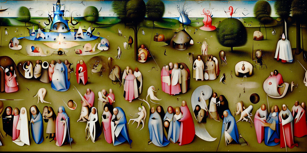 people dancing in a heavenly landscape, hieronymus bosch style, oil painting on canvas