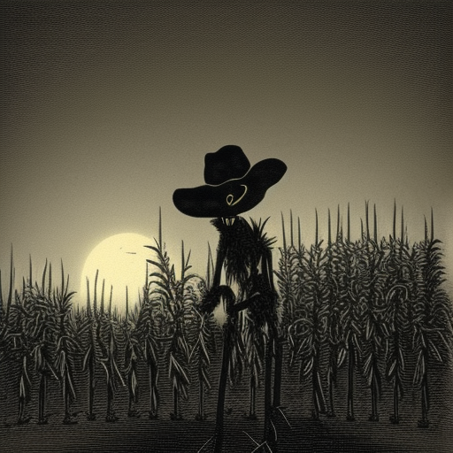 Scarecrow in a field of corn at night Engraving