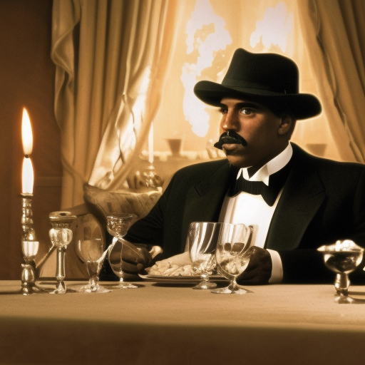 The Godfather, a black man, in a classy setting sitting at a table, cigar burning in hand
