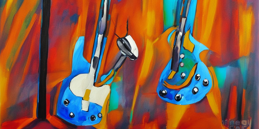 a painting of a Rocket-Guitar-Microphone-Transformer