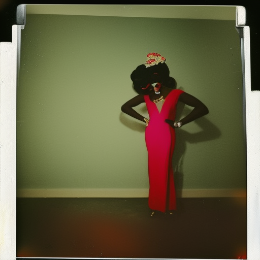 Over the shoulder shot, vintage Polaroid photograph of an African drag queen standing in room, staring into a broken mirror in a cheap apartment by Andy Warhol. Light leaks. Photorealistic