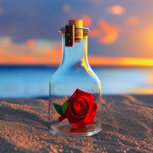 red rose in a beautiful glasbottle on a beach, in the background blue See with great waves an a mystical Sunset with rays bokeh