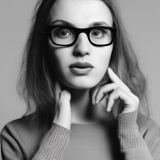 highly detailed portrait photograph of a 28 year old British girl that looks insecure, expressive facial features such as a large nose, 
thin lips and an angular face, wearing black thick framed glasses, blonde messy hair to her shoulders , bit of a depressive look on her 
face but still a sprinkle of joy in her eyes, wearing a neat and slightly oversized dark brown knitted sweater, shot on Hasselblad, 50mm F/2.6, studio lighting, cinematic lighting ultra-realistic portrait cinematic lighting 80mm lens, 8k, photography bokeh