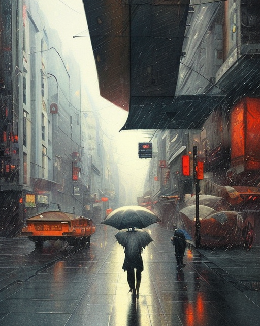 a highly detailed epic cinematic concept art CG render digital painting artwork: Tokyo city street, raining. By Greg Rutkowski, in the style of Francis Bacon and Syd Mead and Norman Rockwell and Beksinski, open ceiling, highly detailed, painted by Francis Bacon and Edward Hopper, painted by James Gilleard, surrealism, airbrush, Ilya Kuvshinov, WLOP, Stanley Artgerm, very coherent, triadic color scheme, art by Takato Yamamoto and James Jean