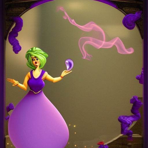 Realistic, 8k, huge and tall female genie with a purple smoke tail instead of legs returning into her itty-bitty magic teapot after granting three wishes. She also gets stuck in the spout of her magic teapot, because she's too big to fit inside. She also doesn't want to return into her magic teapot  alone so she takes you back inside her magic teapot so you can cuddle together