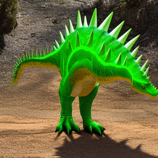 The Voltastegosaurus has a unique appearance with a head similar to that of a stegosaurus and a body that resembles that of a velociraptor. It has bright, neon green colored scales around its body and a long, slender tail with a frill-like structure on top. On its back are two rows of sharp, jagged spikes that run down its spine.
