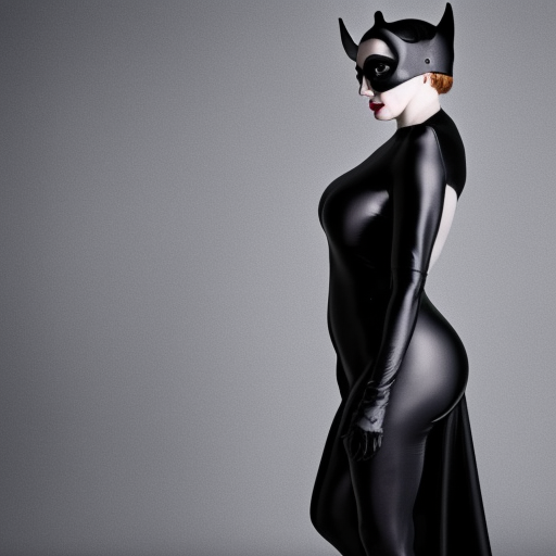 Fully-clothed full-body portrait of Christina Hendricks as catwoman with eyes covered, XF IQ4, 50mm, F1.4, studio lighting, professional, 8K