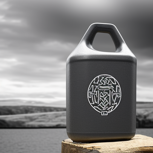 200 liter jerrycan, with beer mug handle, focused on the image, and Viking motifs, HD, ultra realistic