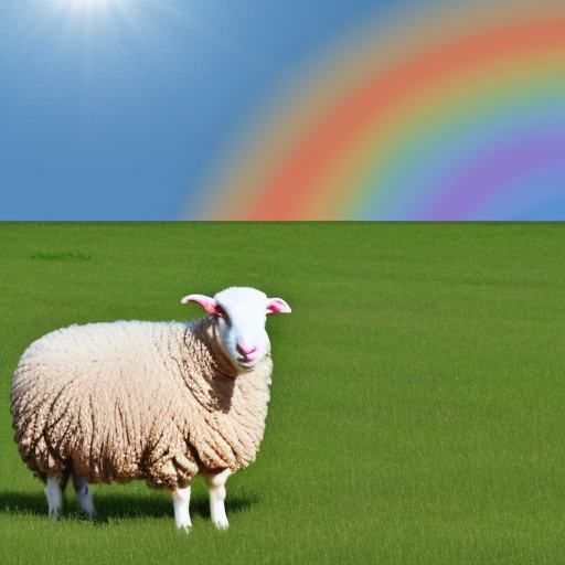 rainbow dyed sheep standling proudly alone in a vast green field with a rainbow crossing the sun