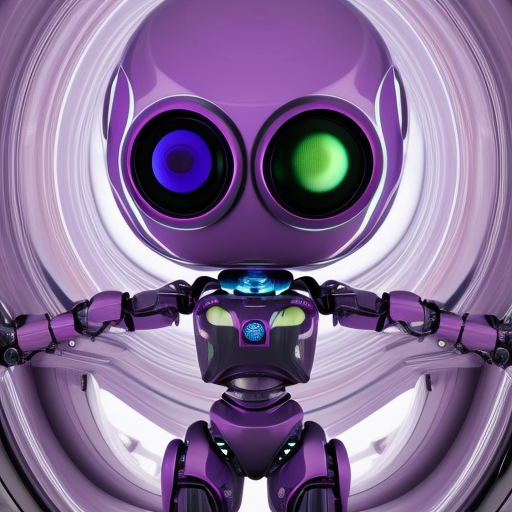 A violet robot with big eye traveling space around floating computers 3d model ultra-realistic portrait cinematic lighting 80mm lens, 8k, photography bokeh