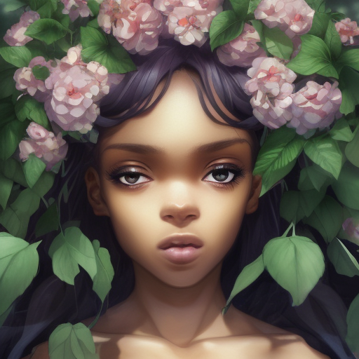 Closeup face portrait of a black girl wearing crown of flowers, smooth soft skin, big dreamy eyes, beautiful intricate colored hair, symmetrical, anime wide eyes, soft lighting, detailed face, by makoto shinkai, stanley artgerm lau, wlop, rossdraws, concept art, digital painting, looking into camera
