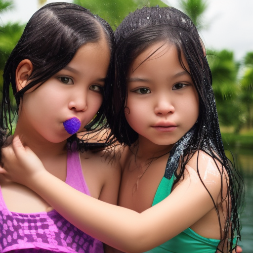 two sisters melayu girl kissing in water park