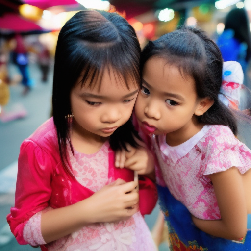 two Little actress malay girl kissing in night market 