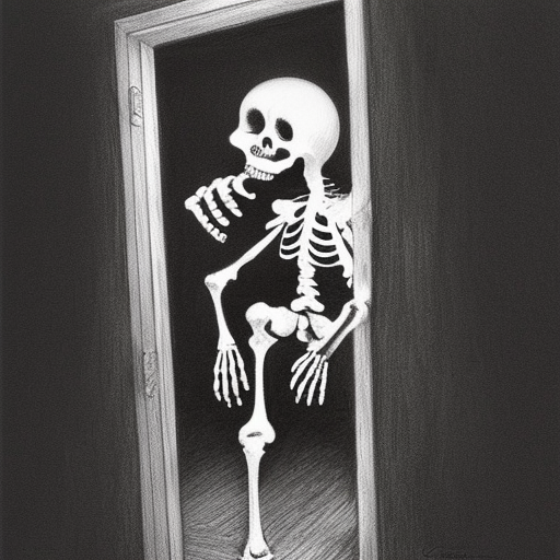 Skeleton in the closet engraving scary black and white pencil illustration high quality by Craig Davison 