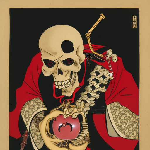 shinigami with gold skull head, with red apple in hand, extending arm with apple to camera, shinigami wearing ancient japanese royal attire