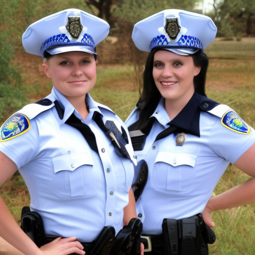Policewomen Ariel Bellingham and Allison Pierz of the Miltona Police Department in their official police uniforms; add sleeves to uniforms; young; caucasian; angry; modelesque; long totally teal hair for Allison, long blonde hair for Ariel; add official police hats; 300 dpi photography; make Ariel's badge a shield shape