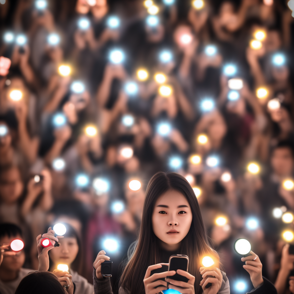People in the crowd with super light  phone flashlights and cameras  8k ultra hd portrait ultra-realistic portrait cinematic lighting 80mm lens, 8k, photography bokeh