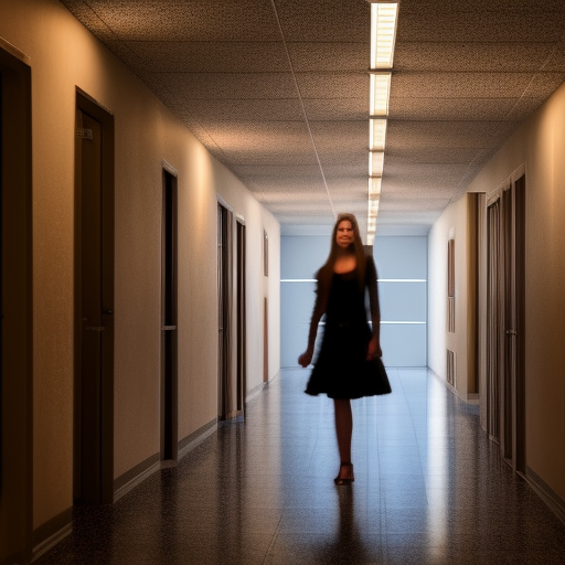 A school hallway with lights and demonic scenery ultra-realistic portrait cinematic lighting 80mm lens, 8k, photography bokeh