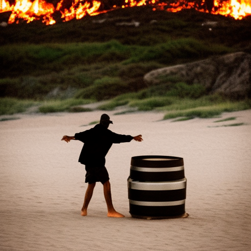 homeless man dancing around a fire barrel on a beach at sunset