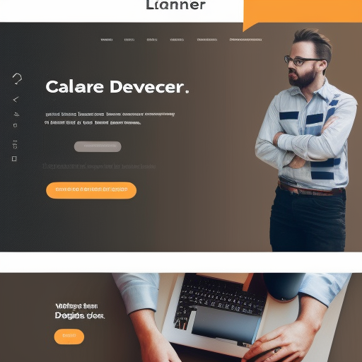 landing page modern interface concept of a freelancer web developer. the person is a white male developer with brown hair and eyes, wearing a elegant dark color shirt, design styles: modern, futuristic, glass effects