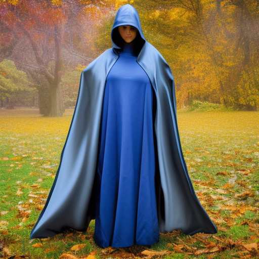 full length religious cult young woman in a deep hooded science fiction style cape with face covered or hidden