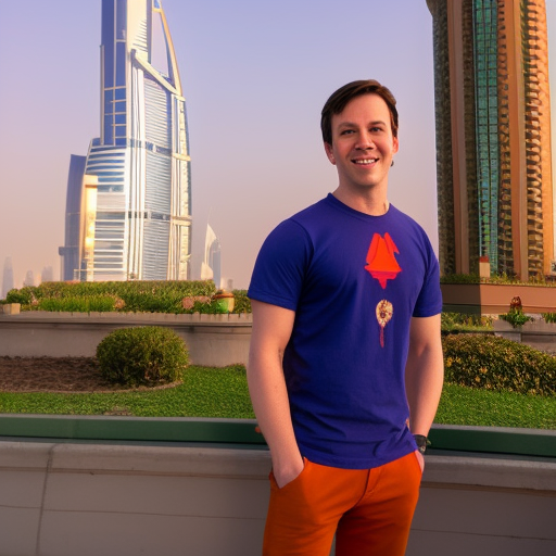a Nick Wilde with russian t-short in front office of the Dubai and sunset