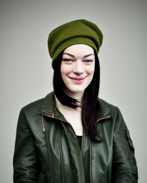 headshot of a smiling, stoya, she is wearing a leather bomber cap on her head, she is also wearing an a 2 flight jacket, a long green wool scarf is wrapped around her neck