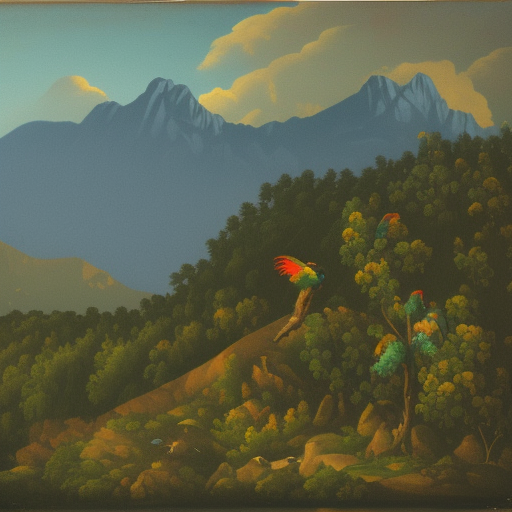 image with mountain backdrop with trees and parrots