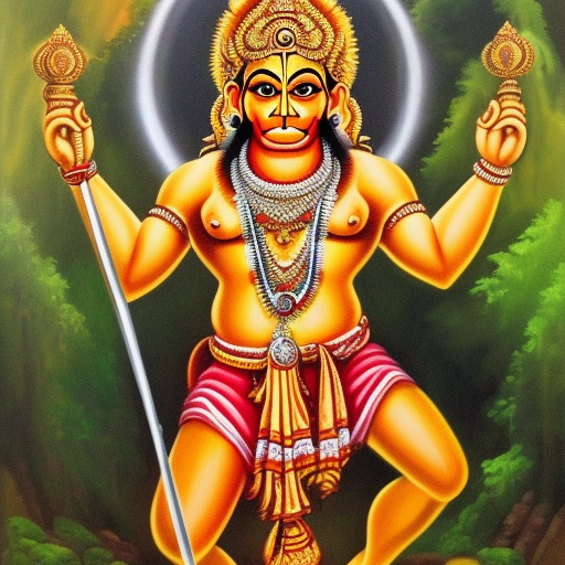 I want to make a oil painting which shows lord hanuman in a forest ambuance with a bright aura sun behind his head. holding a mountain on one hand and his weapon on other hand. Masculine build raiding dominance with a calm face and golden jewellry.