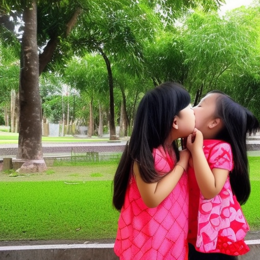 two Little melayu girl kissing in taman theme air 