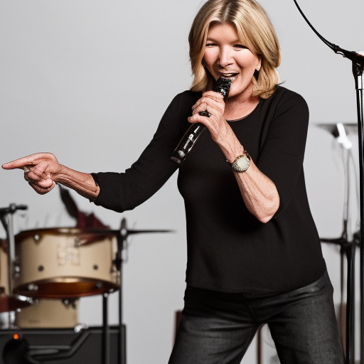 publicity photo still of martha stewart in a death metal band playing live on stage, 8 k, live concert lighting, mid shot