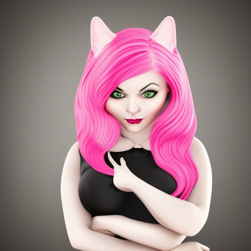 curvy portrait of an anthropomorphic cat woman, with long pink hair, high detail, cute