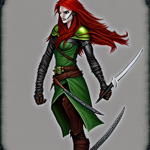 a redhead rogue portrait, with a dagger and fleuret, heroic fantasy style