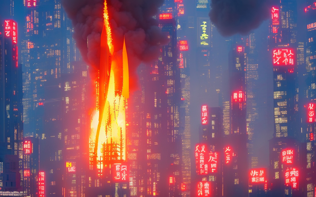 realistic large battle robot firing missiles into blade runner tower city on fire and exploding, neon japanese billboards, blue sky

