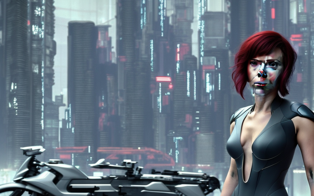 photo realistic scarlett johansson, standing in front of a futuristic motorcycle, ghost in the shell tower city on fire, flying police robots