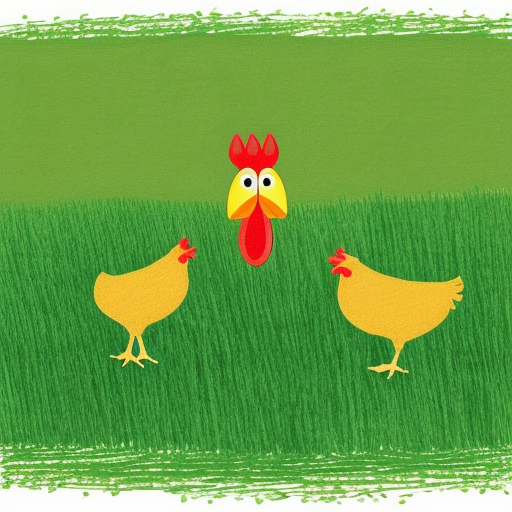 cute chicken with cute chickens with wheat in its beak on the background of a green field drawing