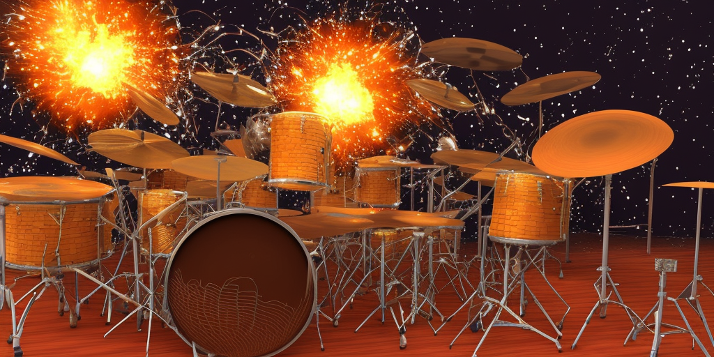 a 3d rendering of Exploding drummers and cosmic keyboardists