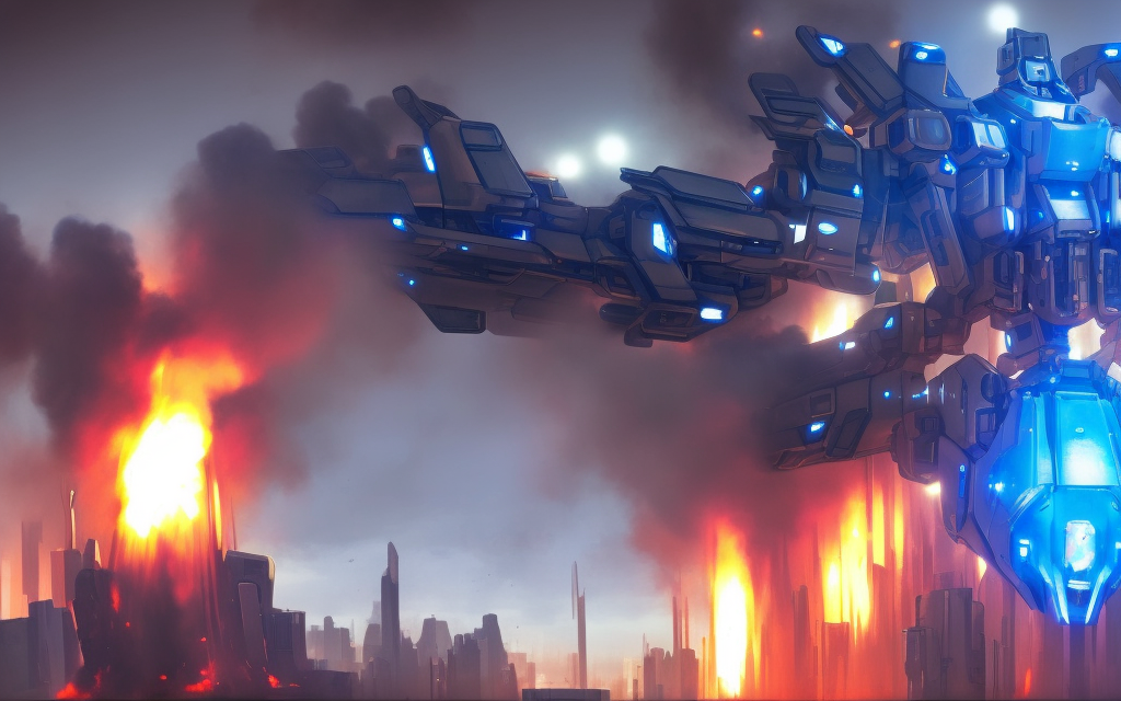 very realistic large battle mech firing missiles, inside tall futuristic city, second mech exploding and on fire with blue panels  

