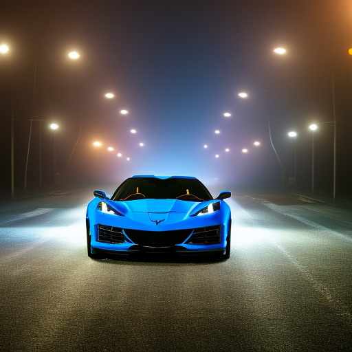 utch angle photo silhouette of a 2022 C8 Corvette coupe rapid blue color with the car lights piercing the dense fog, low light, dark mode